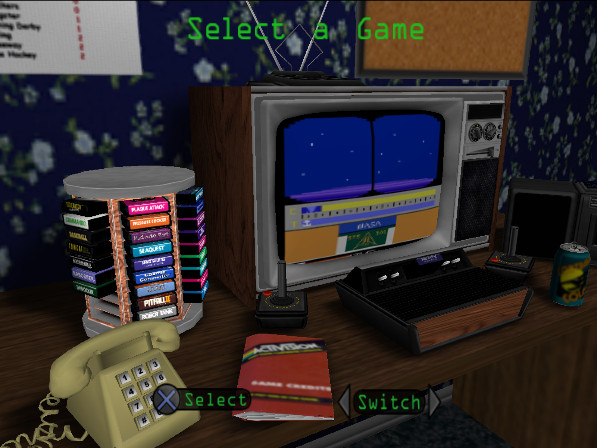 Screencap from Activision Anthology, showing a room with a rack of Atari 2600 games and a TV screen with Space Shuttle: A Journey Into Space on it Screencap from Activision Anthology, showing a room with a rack of Atari 2600 games and a TV screen with Space Shuttle: A Journey Into Space on it