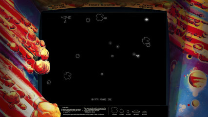 The arcade game Asteroids, with some gubbins representing the arcade machine around it. Screencapped from "Atari 50" by Digital Eclipse The arcade game Asteroids, with some gubbins representing the arcade machine around it. Screencapped from "Atari 50" by Digital Eclipse