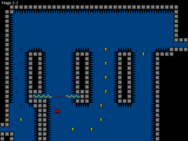 Screenshot from stage 2-3 of Jumper. The up arrow's refill the player's Double Jump ability, a mechanic Thorson would use much later in Celeste.