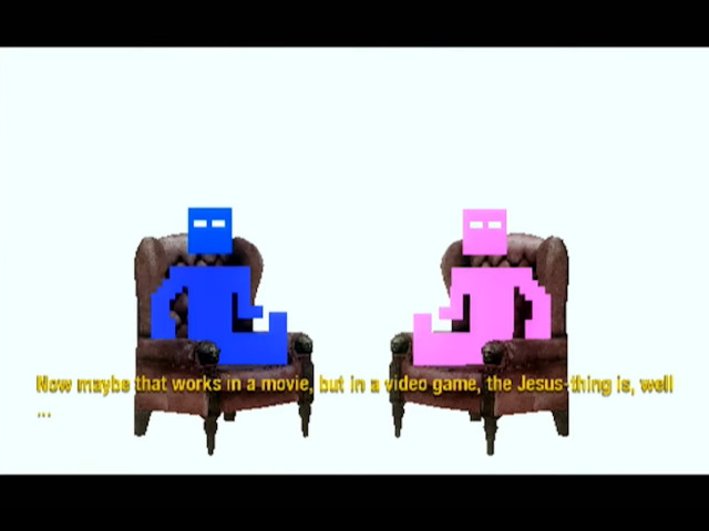 The Wachowskis, represented as lo-fi Atari 2600 style sprites (Lilly is blue, Lana is pink) sit in Big Comfy Morpheus Chairs explaining "Now maybe this works in a movie but in a videogame the Jesus thing is, well..."