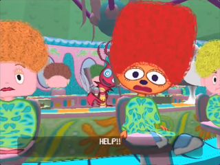 Screenshot from Parappa 2 in which Lammy is about to get a haircut from whatever the thing behind her is. She is shouting for help.